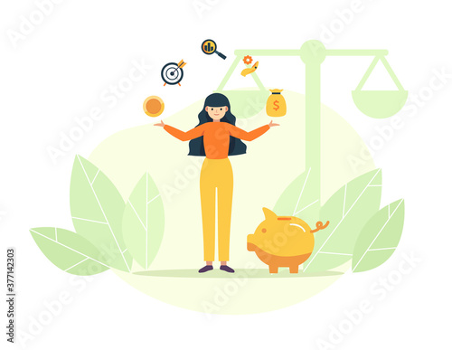  piggy bank and scales - flat illustration vector. money savings. smart investment for growth. -financial management concept art 