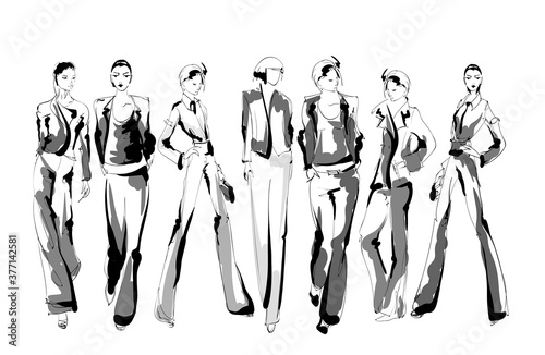 Beautiful young women in modern style.. Hand drawn stylish woman portrait. Fashion lady. Festive outfit. Sketch. Fashion model posing in dress. Hand drawn fashion woman.
