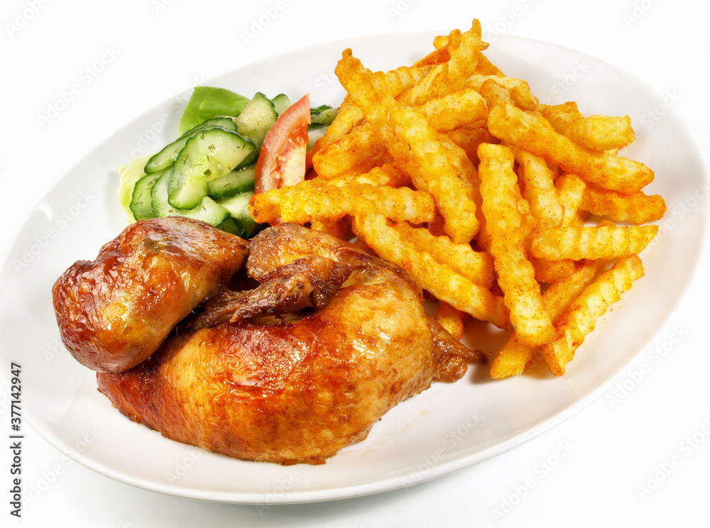 Grilled Chicken with French Fries and Salad Isolated on white Background
