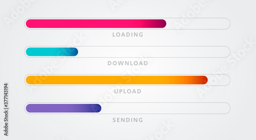 Vector Illustration Colorful Loading Bar Set. Collection Download And Upload Procees