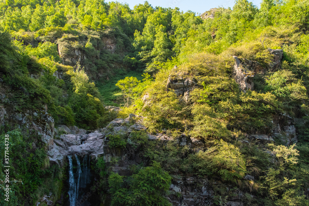 High angle view of a waterfall in the forest during summer season in La Cumbrecita Cordoba Argentina High angle view of a waterfall in the forest during summer season in La Cumbrecita Cordoba Argentina