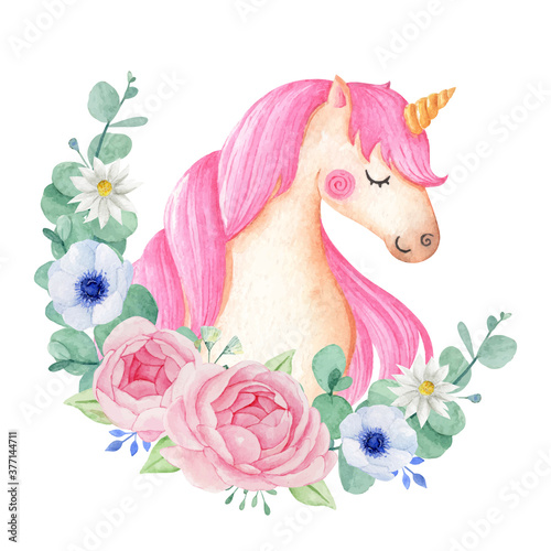 Cute Unicorn with flower wreath