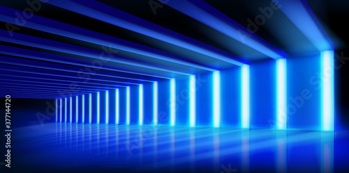 A dark hall with brightly lit neon lights. The show on the stage. Lighting effects. Graphic elements for the design. Blue background. Vector illustration.