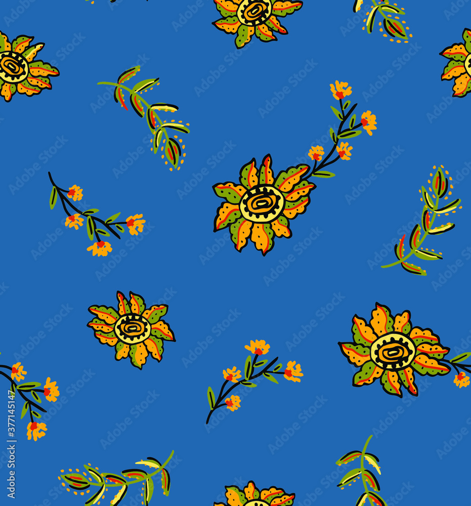 Naklejka premium Abstract Hand Drawing Ethnic Folk Flowers Leaves and Branches Repeating Vector Pattern Isolated Background
