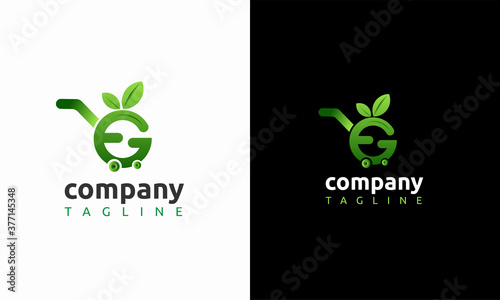 Shopping cart logo with letter e and g letter, Modern green logo for online grocery store logo template
