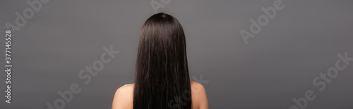 back view of naked brunette long haired woman isolated on black, panoramic shot