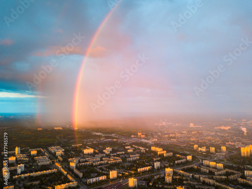 Aerial drone view. Double rainbow on a rainy evening over Kiev city.