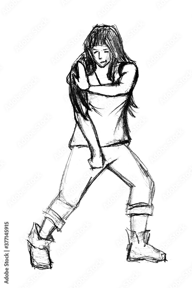 A girl in clothes is dancing a modern dance. Raster illustration. Rough black and white pencil sketch. A girl in clothes is dancing a modern dance. Raster illustration. Rough black and white pencil sketch.