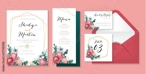 Romantic wedding stationery with queen protea, eucalyptus, thistle and berries. watercolor wedding floral illustration set
