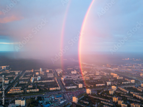 Aerial drone view. Double rainbow on a rainy evening over Kiev city.