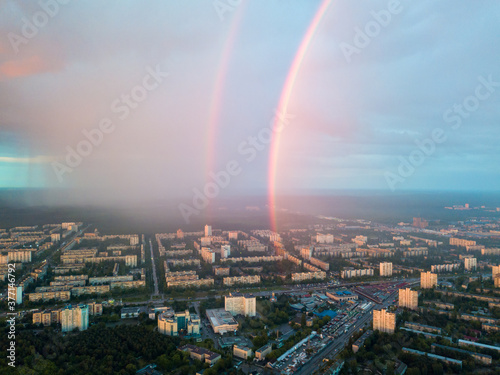 Aerial drone view. Double rainbow on a rainy evening over Kiev city.