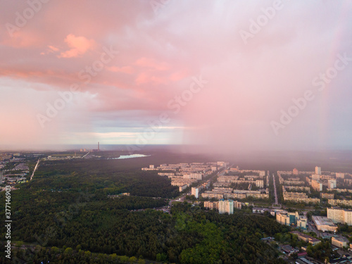 Aerial drone view. Rain over Kiev city.