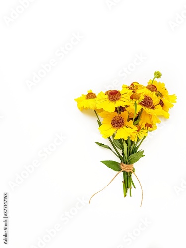 A bouquet of yellow rudbekia flowers or coneflowers on a white background. A place for text. Gift card.