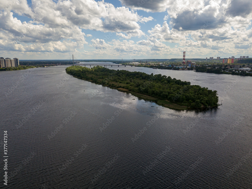 Aerial drone view. View of the Dnieper River in Kiev
