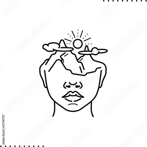 Abstract art of half human head and half mountain landscape.  Meditation, refreshing head,  reset mindset vector icon in outlines