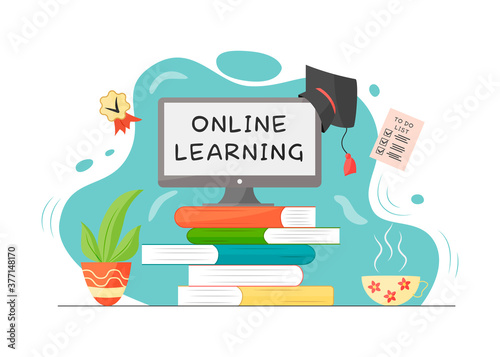 E-learning, online education logo template. Digital library in monitor emblem and graduation hat. Simple vector illustration.