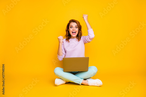 Full body photo ecstatic excited funy woman sit legs crossed work laptop win online lottery raise fists scream yeah wear turquoise pink pullover pants sneakers isolated yellow color background © deagreez