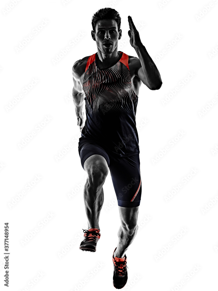one young caucasian man practicing athletics runner running sprinter sprinting in studio isolated on white background one young caucasian man practicing athletics runner running sprinter sprinting in studio isolated on white background