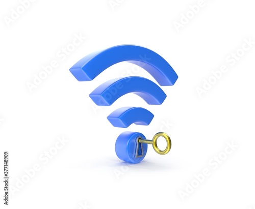 wifi icon 3d render with key, unlocked wireless connection isolated blue in white background