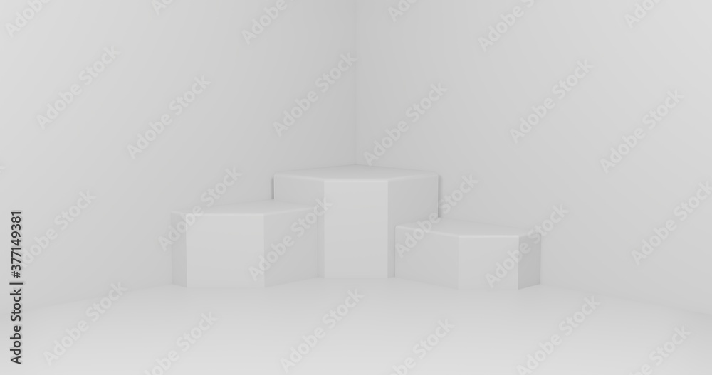 3d rendering. Three hexagons stand on a white background. Presentation for your product. 3d rendering. Three hexagons stand on a white background. Presentation for your product.