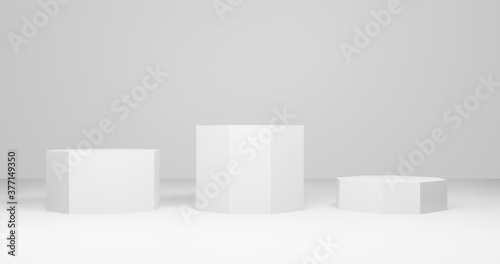 3d rendering. Three hexagons stand on a white background. Presentation for your product.