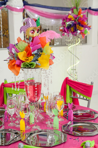 Thematic Decoration For Celebration And Parties; Reception Room With Colorful Decorations And Masks.