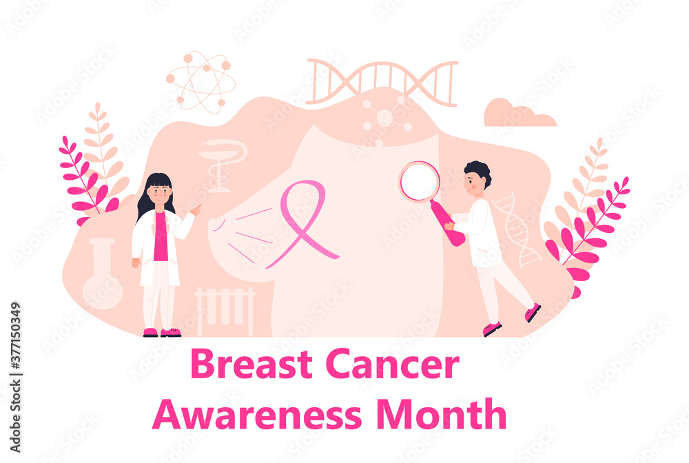 National Breast Cancer Awareness Month NBCAM celebrated in America. Flat concept vector for banner, poster. Tiny doctors treat breast cancer. National Breast Cancer Awareness Month NBCAM celebrated in America. Flat concept vector for banner, poster. Tiny doctors treat breast cancer.