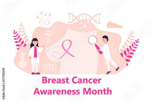 National Breast Cancer Awareness Month NBCAM celebrated in America. Flat concept vector for banner, poster. Tiny doctors treat breast cancer.