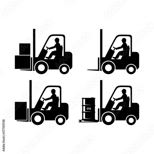 Black forklift truck vector icon on white background