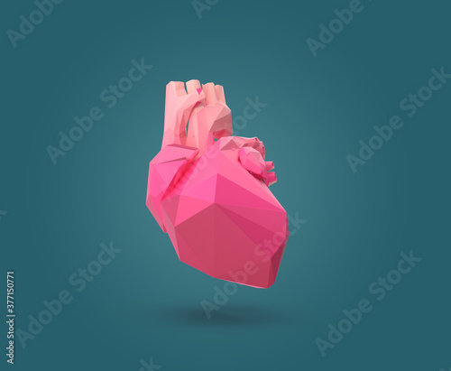 Low poly style human heart, medical object organ in stylized colorful illustration 3d render