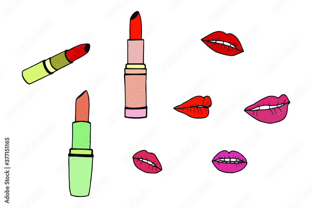 Obraz premium Fashionable set of lipsticks and lips. Vector stock illustration eps10. Hand drawing. White background.