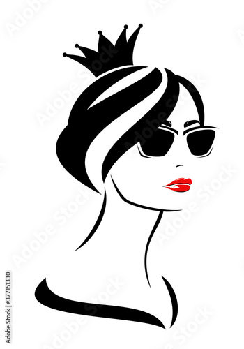beautiful elegant woman wearing sunglasses, red lipstick and crown - luxurious fashion queen vector portrait