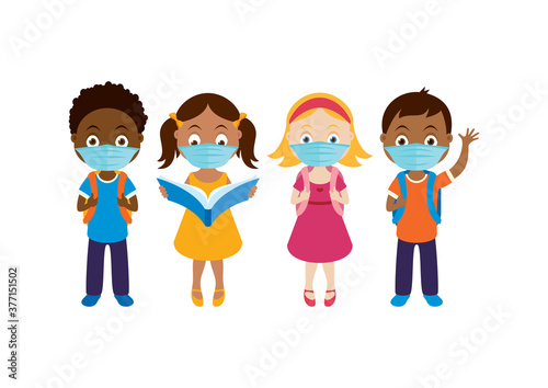 School diverse children with a protective face mask icon set vector. Happy kids of different races wearing medical mask on face to prevent Covid-19 vector. Cute multicultural kids with covid mask icon