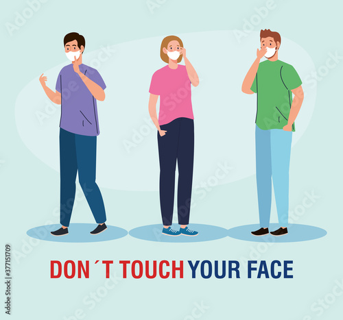 do not touch your face, people using face mask, avoid touching your face, coronavirus covid19 prevention vector illustration design © Gstudio