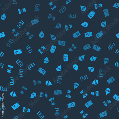 Set Graduate with graduation cap, Water drop H2O, Coffee beans in bag and Smartphone contact on seamless pattern. Vector.