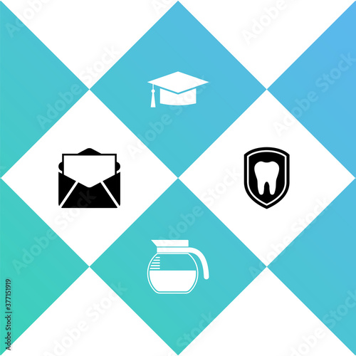Set Mail and e-mail, Coffee pot, Graduation cap and Dental protection icon. Vector.