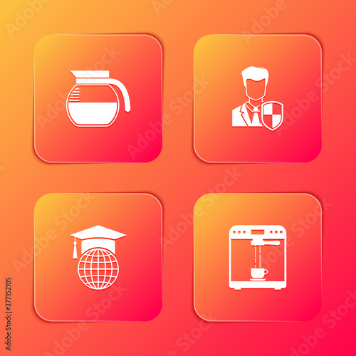 Set Coffee pot, User protection, Graduation cap globe and machine and cup icon. Vector.