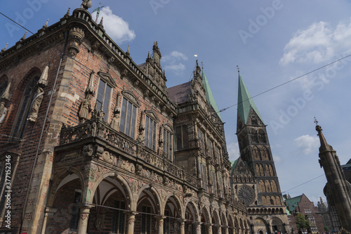 Bremen, Germany - August 16, 2019: old city hall building and "St. Petri Dom" at the historic marketplace