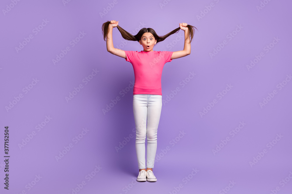 Full length body size photo of surprised amazed little girl holding long brunette hair fooling isolated on purple color background