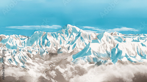 Watercolor Illustration of Mount Everest in the Himalayas among the clouds, the highest peak in the world, a magnificent landscape background.
 photo