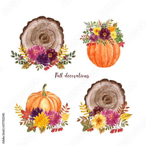 Fall floral decorations. Watercolor hand painted autumn flowers, wood slice a...