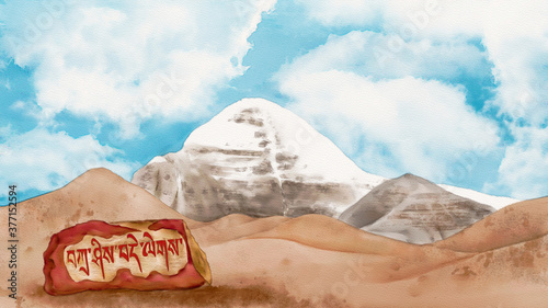 Watercolor Illustration of Mount Kailash in Tibet under the blue sky, famous god mountain in Tibetan Buddhism, stone with mantra in the foreground. A landscape background.
 photo