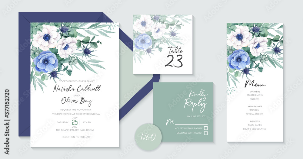 Elegant wedding invitation design template with anemone flowers and eucalyptus leaves