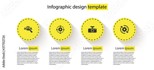 Set Magnifying glass for search people, Outsourcing concept, Car DVR and Gear and arrows workflow. Business infographic template. Vector.