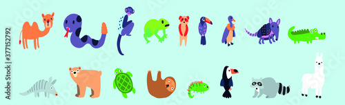 Big vector set with animals in cartoon style. Vector collection with mammals isolated on blue