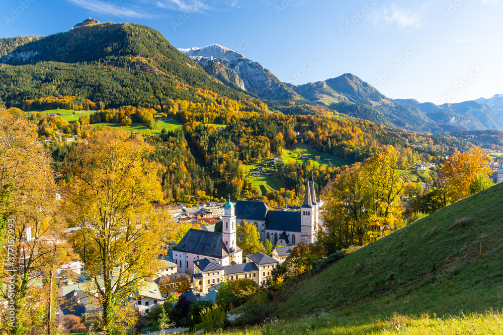 view on Berchtesgaden during fall in Bavaria in Germany
