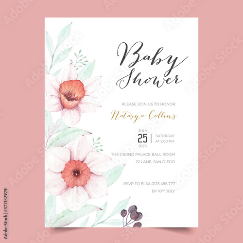 Lovely Baby Shower Invitation design template with daffodil flowers