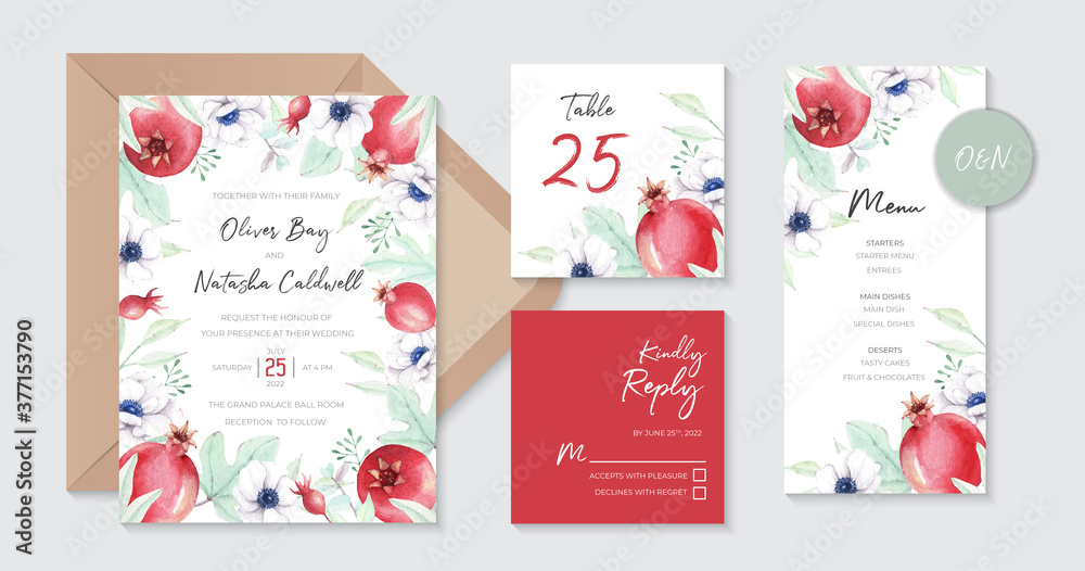 Plakat Lovely wedding invitation design template with fresh pomegranate and anemone flowers