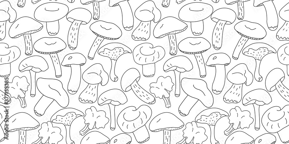 Vector seamless pattern with forest edible mushrooms on white background. Great for fabrics, wrapping papers, wallpapers, covers. Doodle sketch style illustration in black ink.