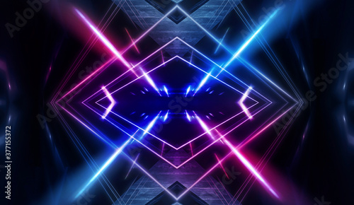 Modern futuristic dark blue, red background, glowing triangle, lines and rays, neon lights, electric, light tunnel, dark multicolored stage with spotlights, spaceship, laser beams. 3D illustration © MiaStendal
